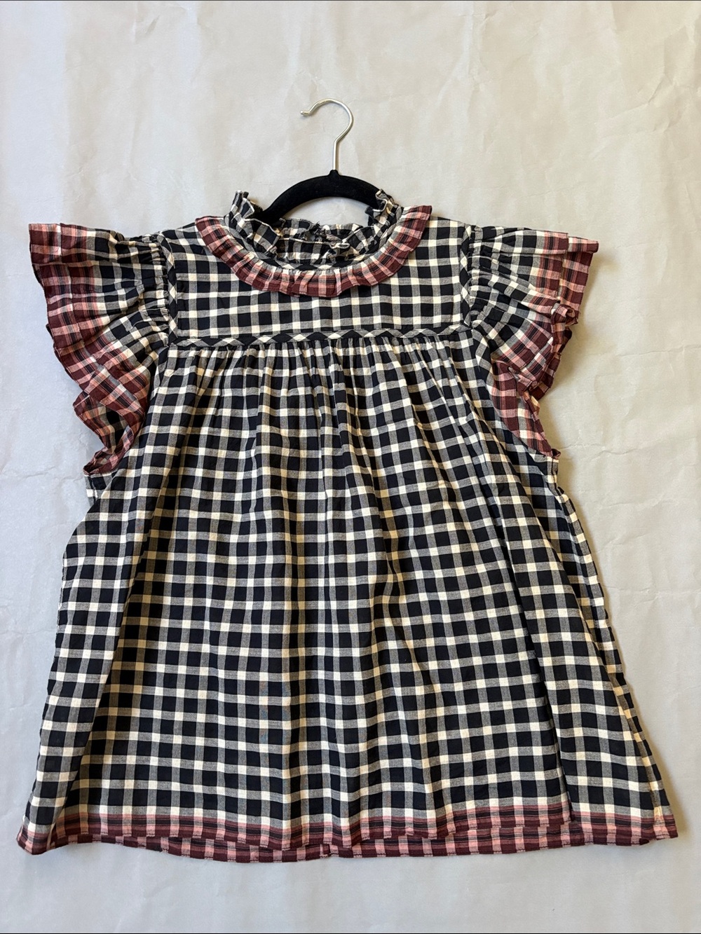 Ulla Johnson Black & Cream Gingham Ruffle Sleeve Top. Size 6.
